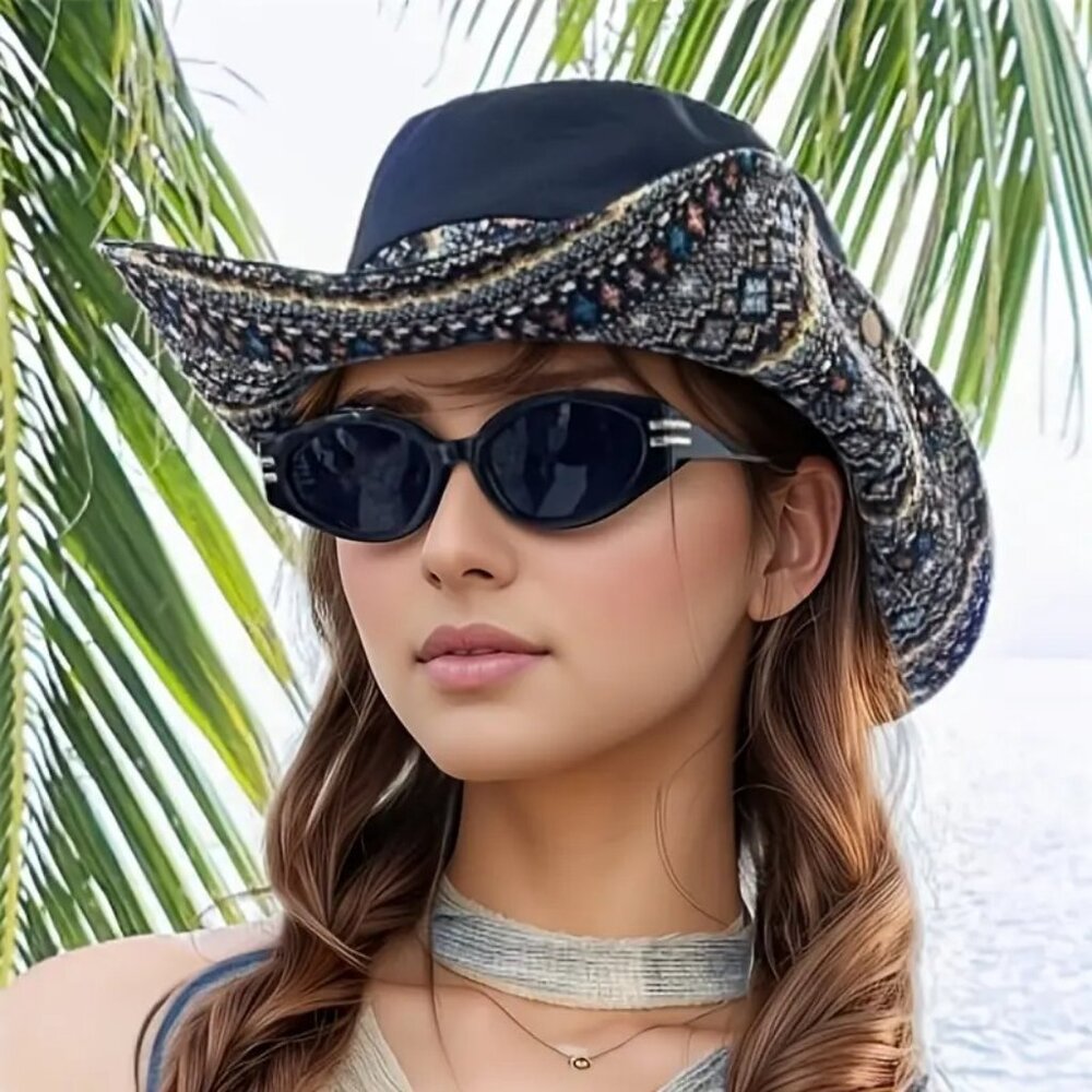 Western Black Multi Use BOHO Hat Embroider Wide Brim Fisher Hicking Sunhat